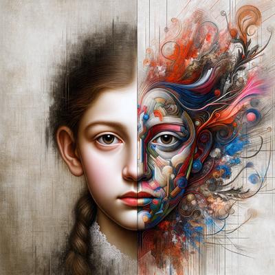 The primary subject of the image is a painting of a girl's face, which is depicted in two different styles. The first style is a black and white painting, while the second style is a colorful painting. The setting is a canvas, and the visual style is a painting. The colors and mood of the image are a mix of black and white and vibrant colors, creating a contrast between the two styles.